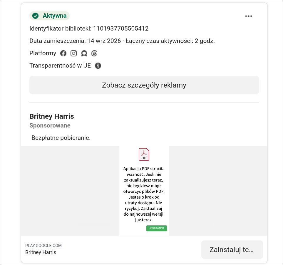 First Polish Facebook advertisement claiming that a PDF application has expired