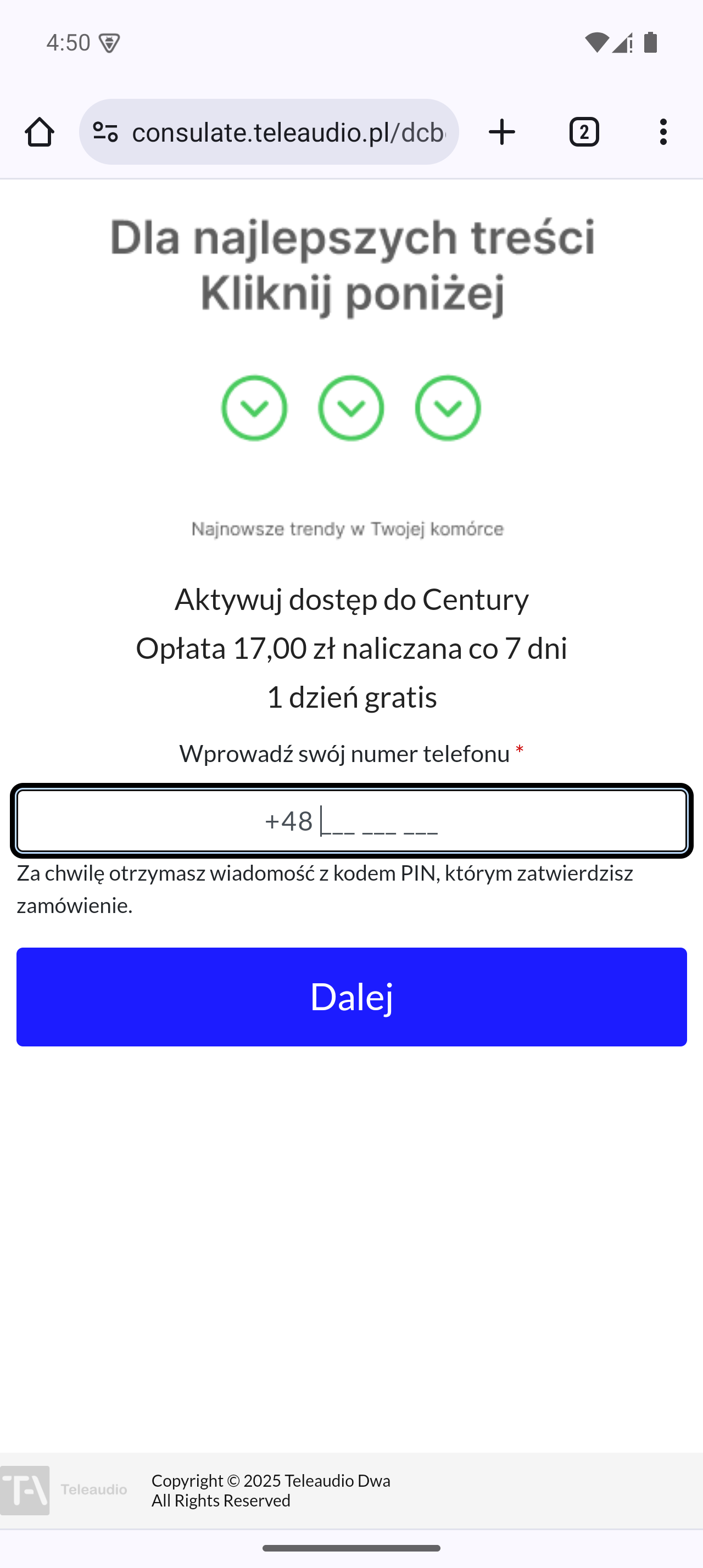 Teleaudio subscription form reached from the captured campaign URL