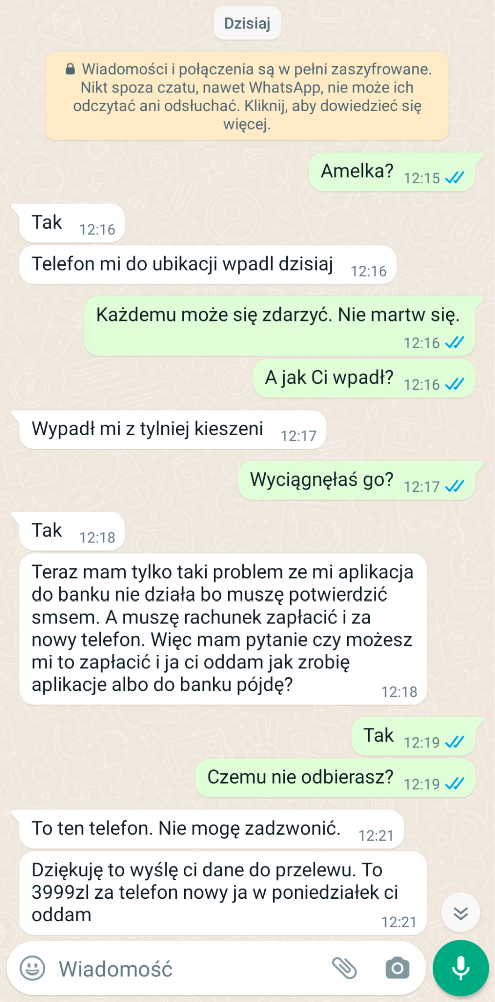 Rozmowa z oszustem w komunikatorze WhatsApp