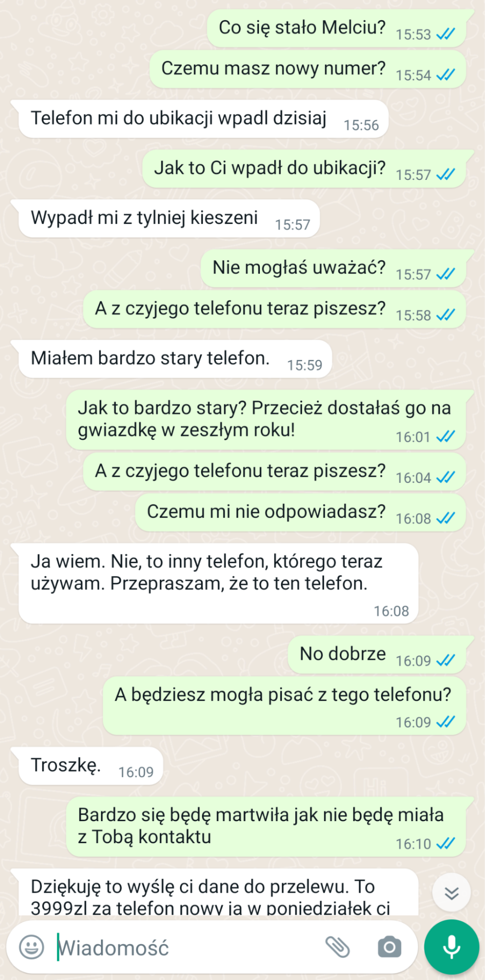 Rozmowa z oszustem w komunikatorze WhatsApp
