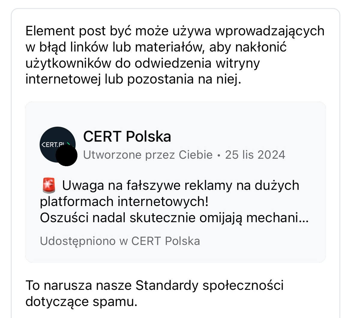 Stanowisko CERT Polska dot. ograniczania przez firmę Meta widoczności artykułu na temat oszustw na tej platformie.