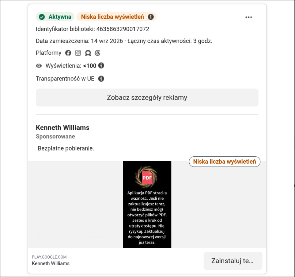 Druga polska reklama na Facebooku wykorzystująca ten sam fałszywy motyw aktualizacji aplikacji do plików PDF