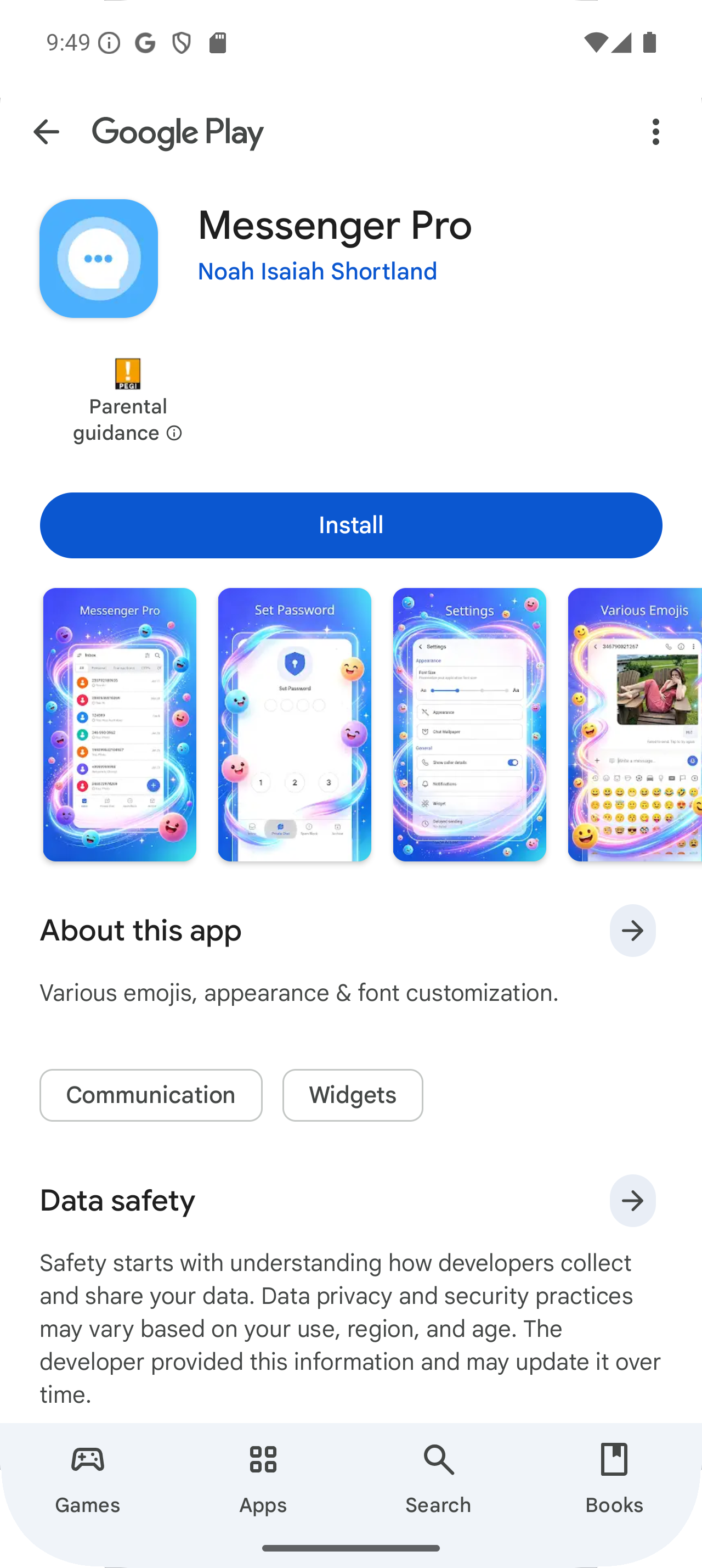 Strona Messenger Pro zaobserwowana w Google Play