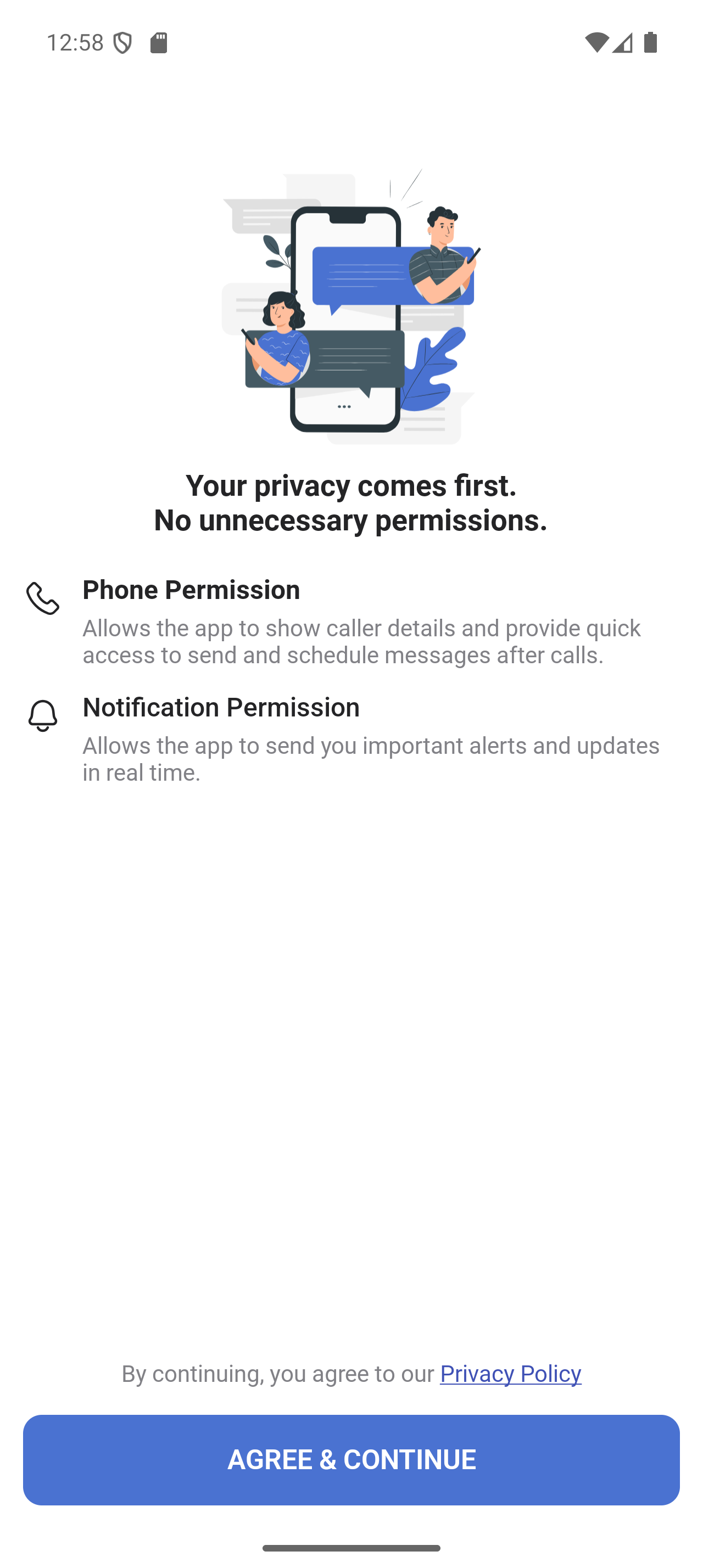 Ekran uprawnień Messenger Pro z angielską deklaracją, że aplikacja nie wymaga zbędnych uprawnień