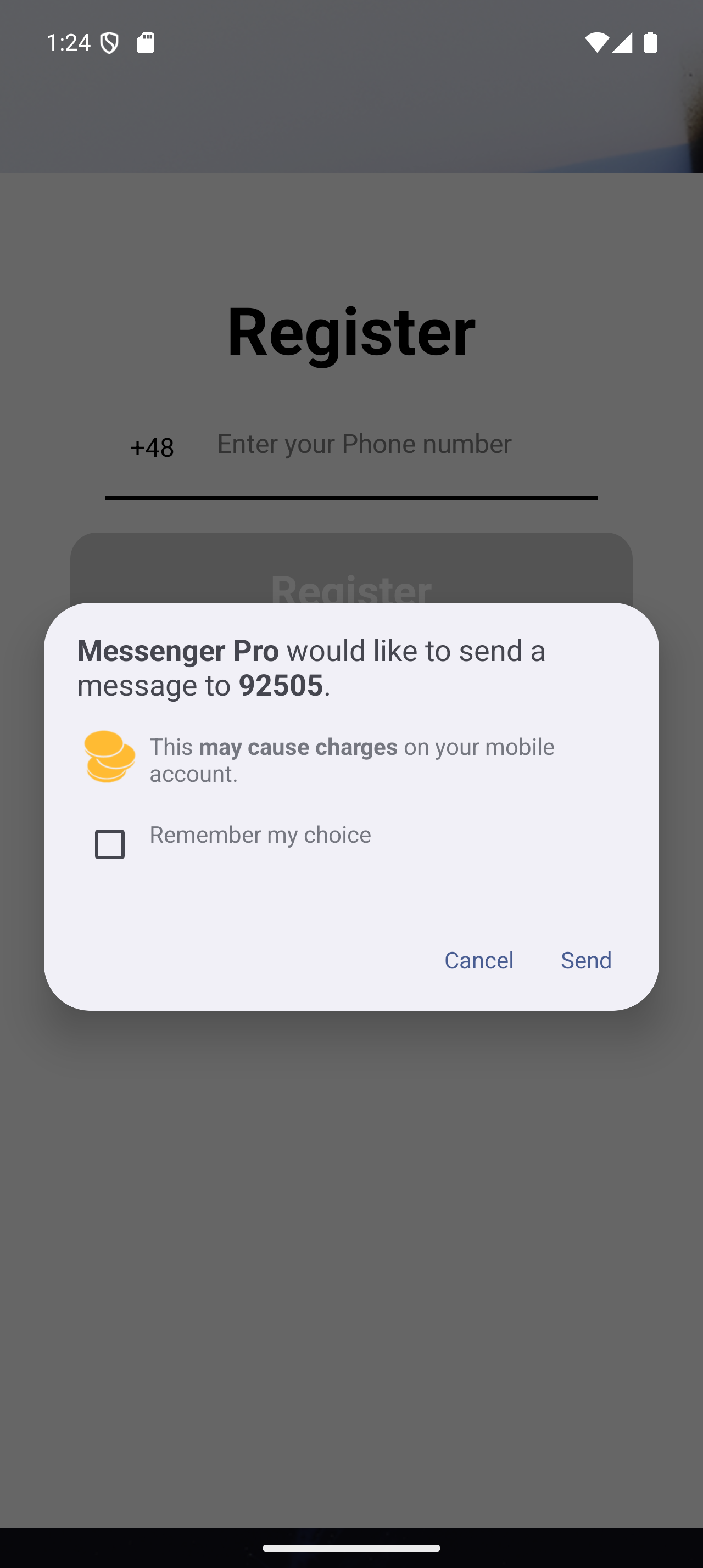 Ostrzeżenie Androida, że Messenger Pro chce wysłać potencjalnie płatną wiadomość SMS na numer 92505