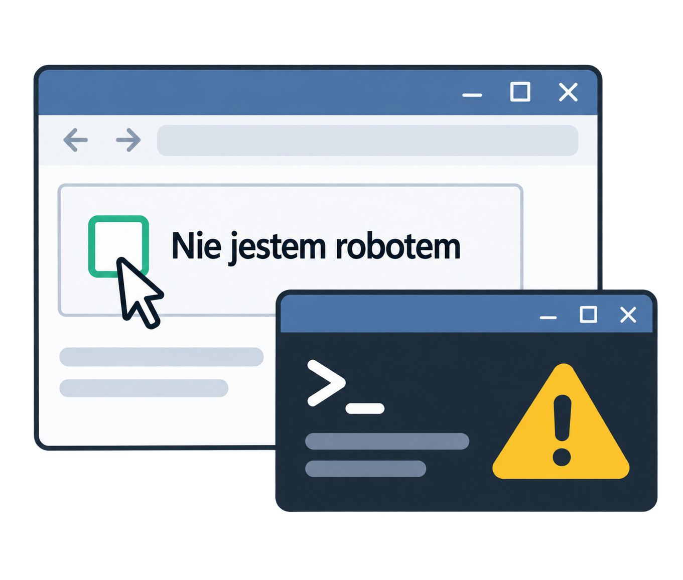 Test CAPTCHA z polem „Nie jestem robotem” i okno terminala z symbolem ostrzeżenia.